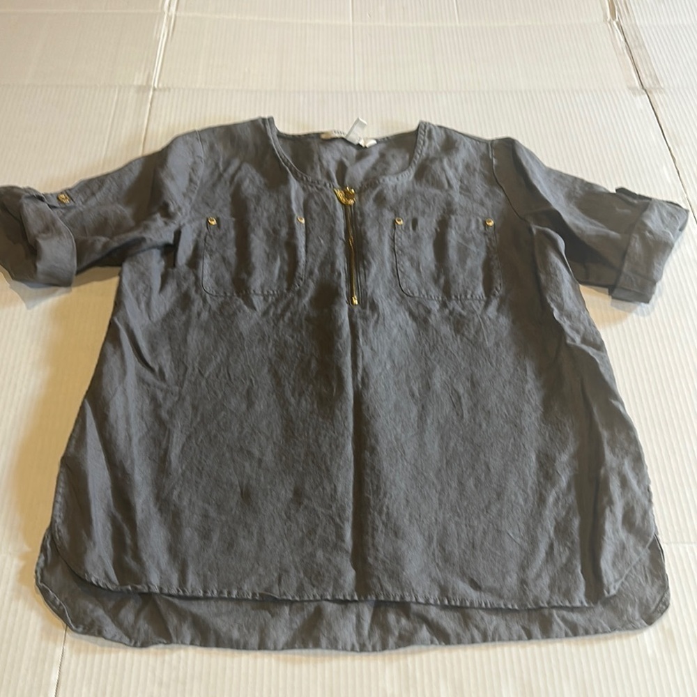 Ellen Tracy linen grey gold Boxy Blouse with Cuffed Sleeves and round Collar - Picture 3 of 10